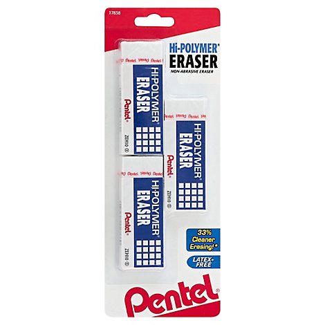 Pentel Eraser Hi-Polymer Non-Abrasive Latex-Free - 3 Count