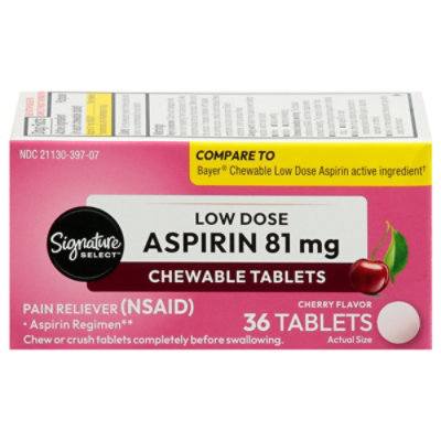 Signature Select/Care Aspirin Pain Reliever 81mg NSAID Cherry Flavor Low Dose Chewable Tablet - 36 Count - Image 2