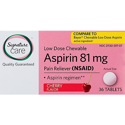 Signature Care Aspirin Pain Reliever 81mg NSAID Cherry Flavor Low Dose Chewable Tablet - 36 Count - Image 2