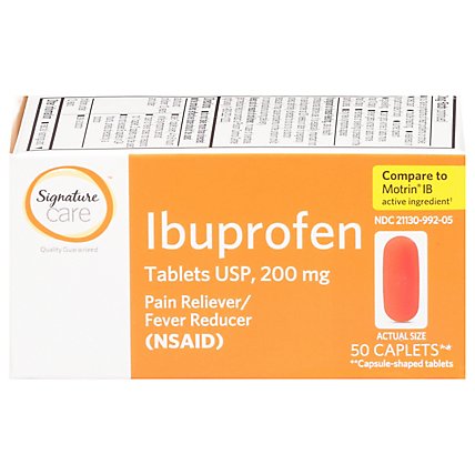Signature Care Ibuprofen Pain Reliever Fever Reducer 200mg NSAID Caplet Orange - 50 Count - Image 1