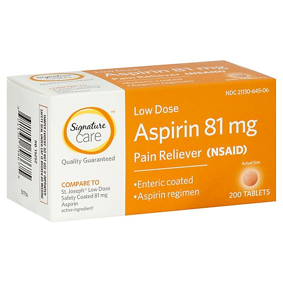 Signature Care Aspirin Pain Relief 81mg NSAID Low Dose Enteric Coated Orange Tablet - 200 Count