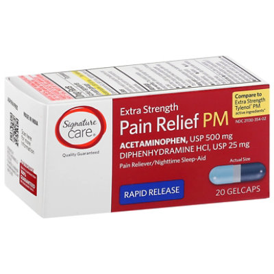 Signature Care Pain Relief PM Gelcap Aceteminophen 500mg Extra Strength Rapid Release - 20 Count