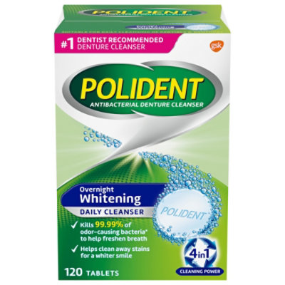 Polident Denture Cleanser Tablets Overnight Whitening Triplemint Freshness - 120 Count - Image 1