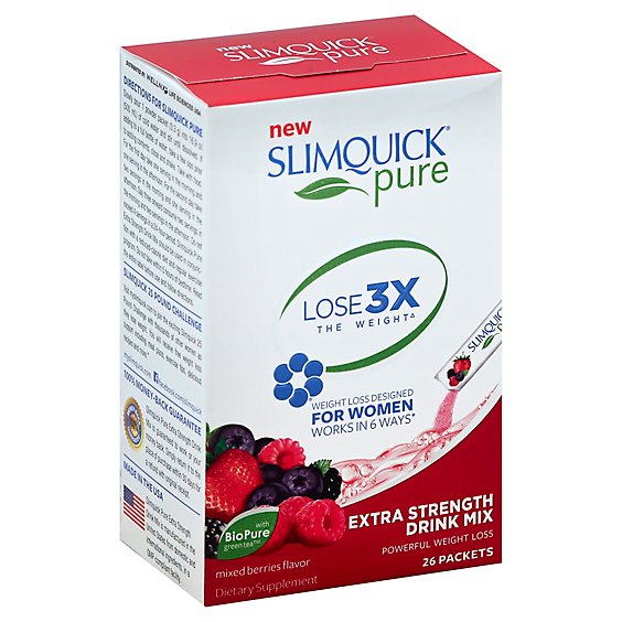 SLIMQUICK Pure Drink Mix Extra Strength Packets Mixed Berries Flavor - 26 Count