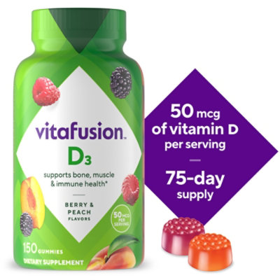 Vitafusion Dietary Supplement Gummy Vitamin D3 2000 IU Peach Blackberry & Strawberry - 150 Count - Image 1