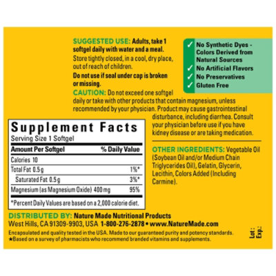 Nature Made Dietary Supplement Softgels Minerals Magnesium Hihg Potency 400 mg - 60 Count - Image 3