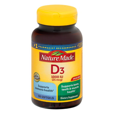 Nature Made Vitamin D Supplement Softgels D3 1000 IU - 180 Count