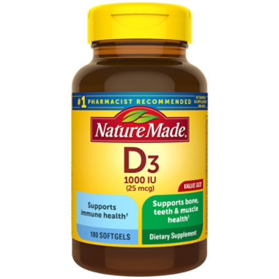 Nature Made Vitamin D Supplement Softgels D3 1000 IU - 180 Count