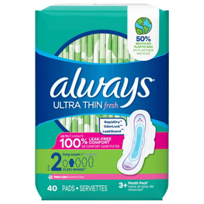 Always Ultra Thin Super Absorbency Size 2 Long Scented Pads with Wings - 40 Count