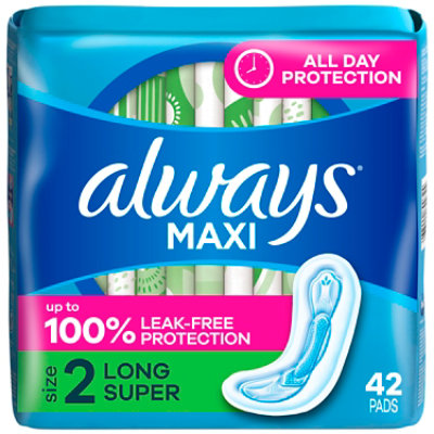 Always Maxi Super Absorbency Size 2 Long Unscented Pads without Wings - 42 Count