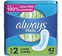 Always Maxi Pads Size 2 Long Super Absorbency Without Wings Unscented - 42 Count