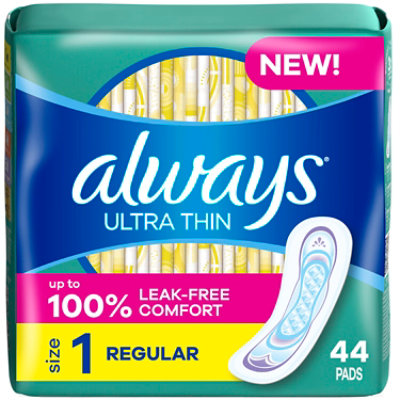 Always Ultra Thin Regular Absorbency Size 1 Unscented Pads without Wings - 44 Count - Image 1