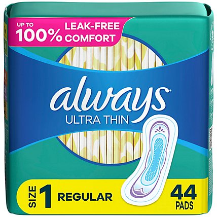 Always Ultra Thin Regular Absorbency Size 1 Unscented Pads without Wings - 44 Count - Image 1