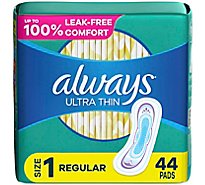 Always Ultra Thin Pads Regular Absorbency Without Wings Size 1 Unscented - 44 Count