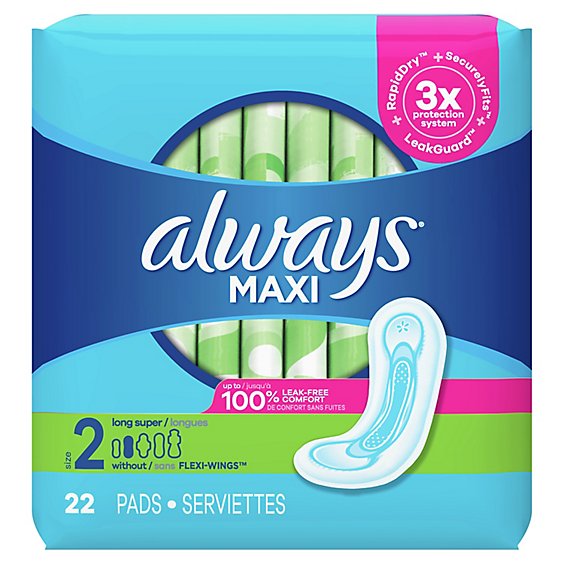 Always Maxi Super Absorbency Size 2 Long Unscented Pads without Wings - 22 Count