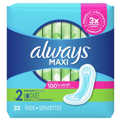 Always Maxi Super Absorbency Size 2 Long Unscented Pads without Wings - 22 Count