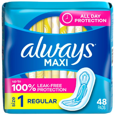 Always Maxi Regular Super Absorbency Size 1 Unscented Pads without Wings - 48 Count - Image 1