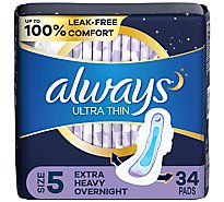 Always Pads Ultra Thin Size 5 Extra Heavy Overnight Pads With Wings Unscented - 34 Count