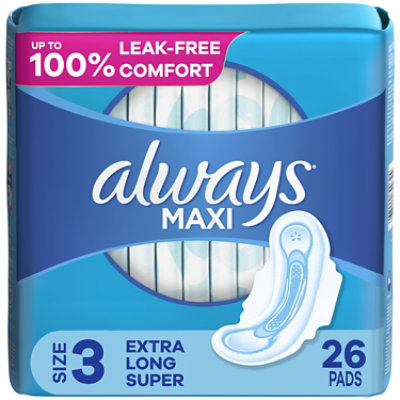 Always Maxi Pads Size 3 Extra Long Super Absorbency With Wings Unscented - 26 Count