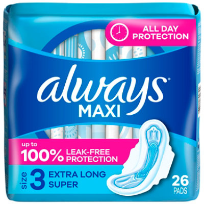 Always Maxi Pads Size 3 Extra Long Super Absorbency With Wings Unscented - 26 Count