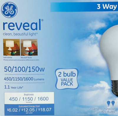 GE Reveal Light Bulbs 3 Way General Purposes 50 100 150 Watts - 2 Count - Image 2