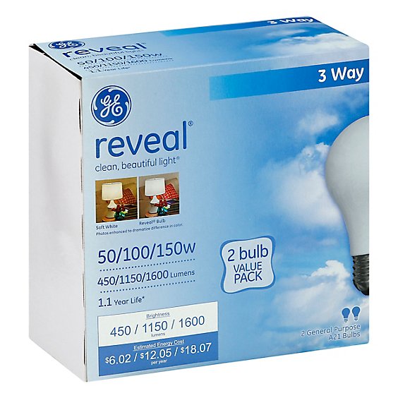 GE Reveal Light Bulbs 3 Way General Purposes 50 100 150 Watts - 2 Count