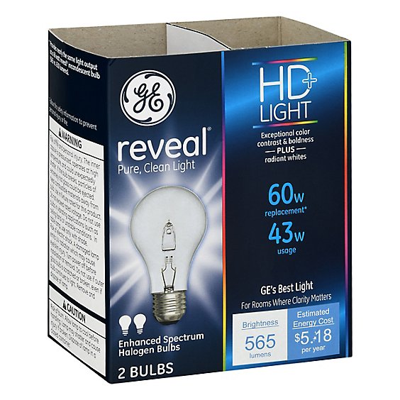 GE Reveal Light Bulbs Halogen HD Light 43 Watts - 2 Count