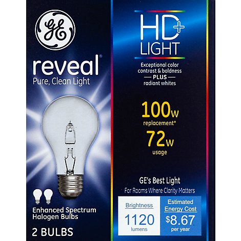GE Reveal Light Bulbs Halogen HD Light 72 Watts - 2 Count