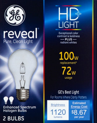 GE Reveal Light Bulbs Halogen HD Light 72 Watts - 2 Count