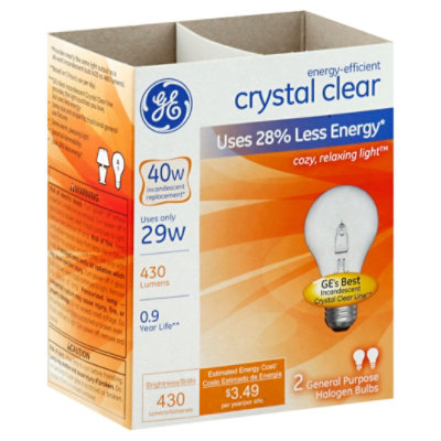 GE Reveal Light Bulbs Halogen Incandescent Crystal Clear General Purpose 40 Watts - 2 Count