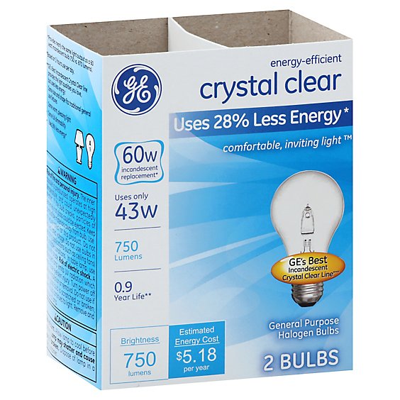 GE 60 Watts Halogen Light Bulbs Crystal Clear - 2 Count
