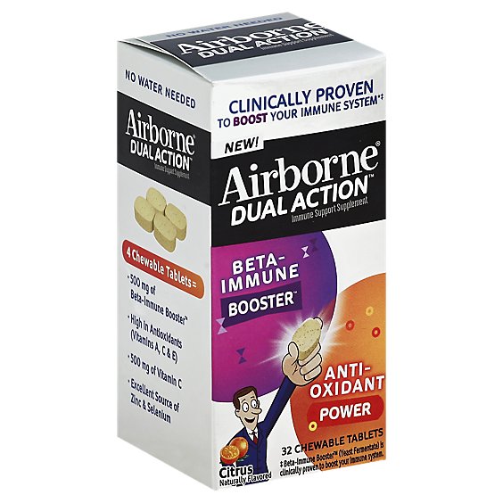 Airborne Immune Support Supplement Dual Action Chewable Tablets Citrus - 32 Count
