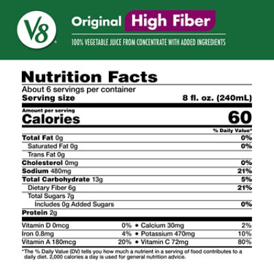 V8 High Fiber Original 100% Vegetable Juice - 46 Fl. Oz. - Image 4