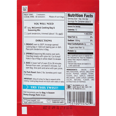McCormick Bag'n Season Herb Roasted Pork Tenderloin Cooking & Seasoning Mix - 0.92 Oz - Image 2