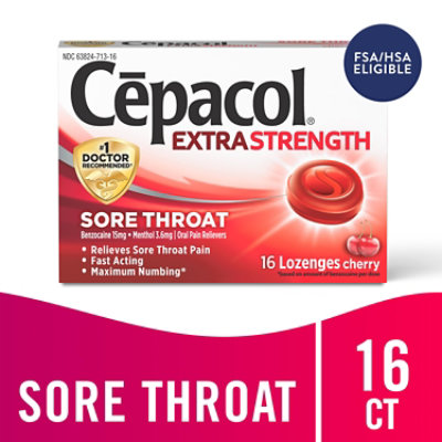 Cepacol Extra Strength Lozenges For Sore Throat & Cough Drop Cherry - 16 Count