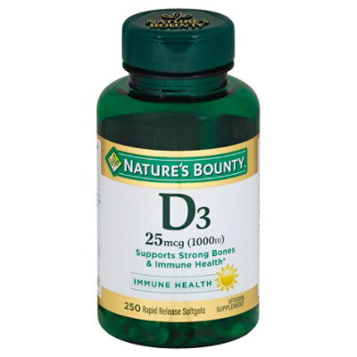 Natures Bounty Vitamin Supplement Softgels D3 25 mcg 1000 IU - 250 Count