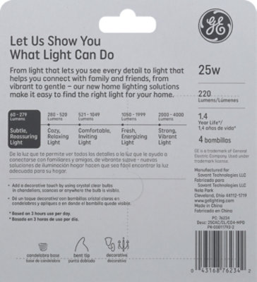 GE Light Bulbs Crystal Clear CA Type Candelabra Base 25 Watts - 4 Count - Image 3