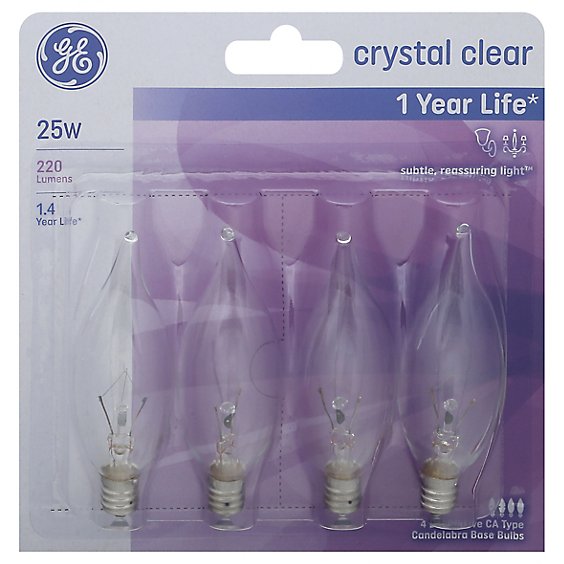 GE Light Bulbs Crystal Clear CA Type Candelabra Base 25 Watts - 4 Count