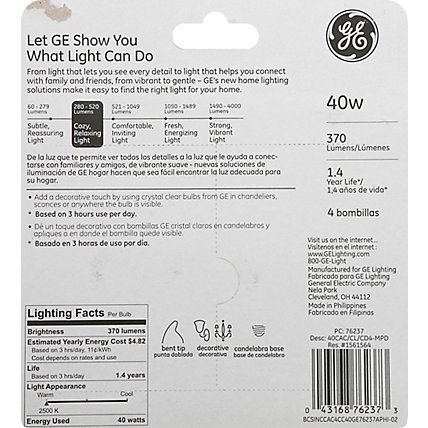 GE Light Bulbs Crystal Clear CA Type Candelabra Base 40 Watts - 4 Count - Image 3