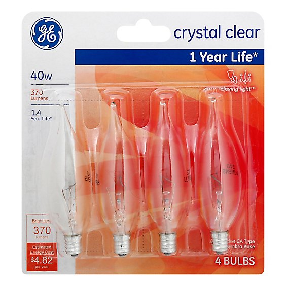 GE Light Bulbs Crystal Clear CA Type Candelabra Base 40 Watts - 4 Count
