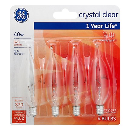 GE Light Bulbs Crystal Clear CA Type Candelabra Base 40 Watts - 4 Count - Image 1