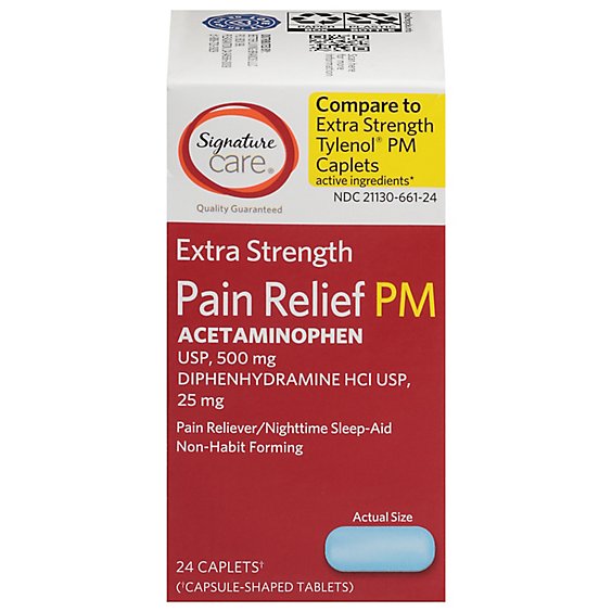 Signature Care Pain Relief PM Caplet Acetaminophen 500mg Extra Strength Aspirin Free - 24 Count