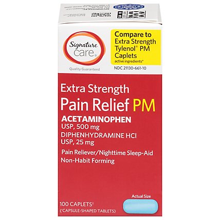 Signature Care Pain Relief PM Caplet Acetaminophen 500mg Extra Strength Aspirin Free - 100 Count - Image 1