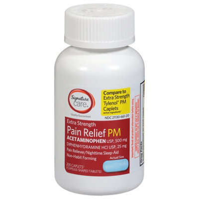 Signature Care Pain Relief PM Caplet Acetaminophen 500mg Extra Strength Aspirin Free - 200 Count