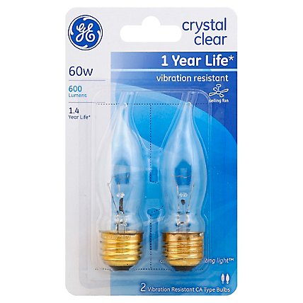 GE Light Bulbs Crystal Clear CA Type Ceiling Fan 60 Watts - 2 Count - Image 1