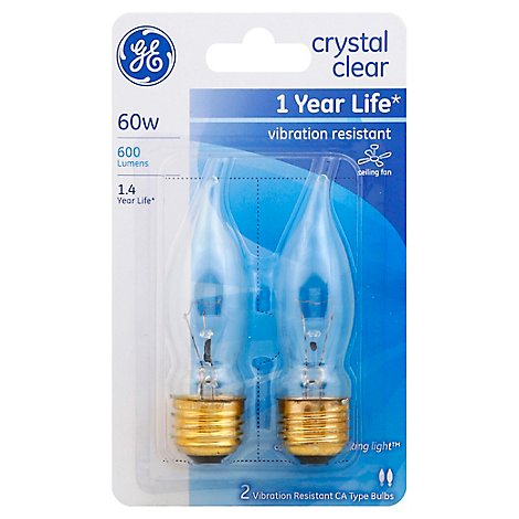 GE Light Bulbs Crystal Clear CA Type Ceiling Fan 60 Watts - 2 Count