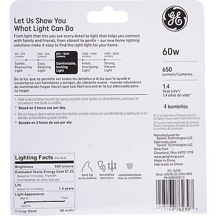 GE Light Bulbs Crystal Clear CA Type Candelabra Base 60 Watts - 4 Count - Image 3