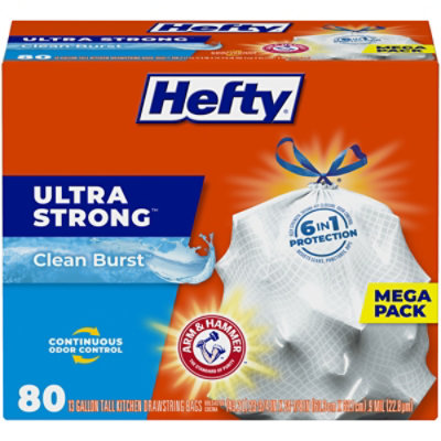 Hefty Trash Bag Tall Drawstring Ultra Strong Clean Burst Mega Pack - 80 Count