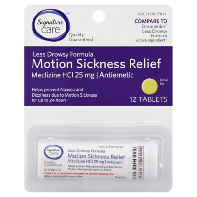 Signature Care Motion Sickness Relief Tablet Meclizine HCI 25mg Less Drowsy Formula - 12 Count