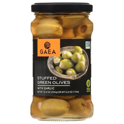 GAEA Cat Coras Kitchen Olives Green Pitted Stuffed with Garlic - 10.4 Oz - Image 1